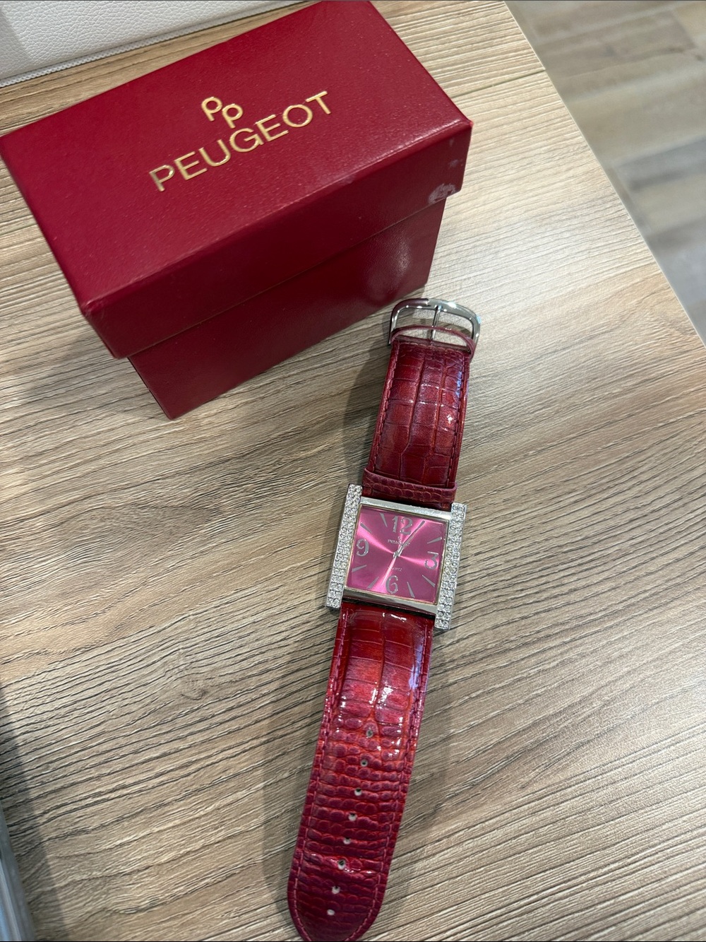 Peugeot Red Women’s Square Dial Watch with Crystal Accents